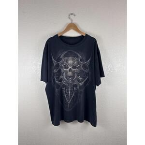 Y2K Gothic Skull Cyber Metal T-Shirt XL Faded Black Grunge Graphic Tee